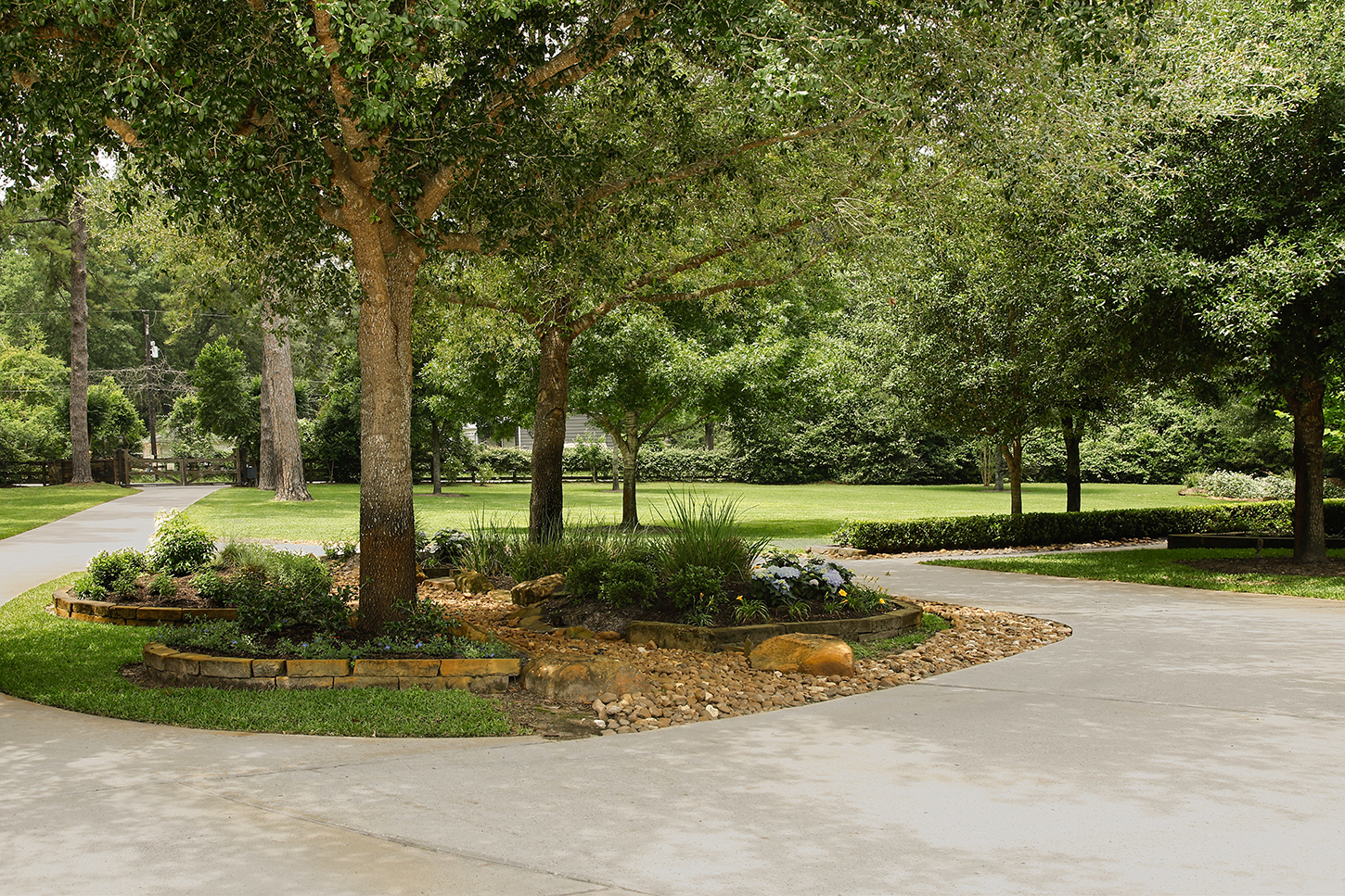 Circular driveway with landscaped garden island under mature oaks
