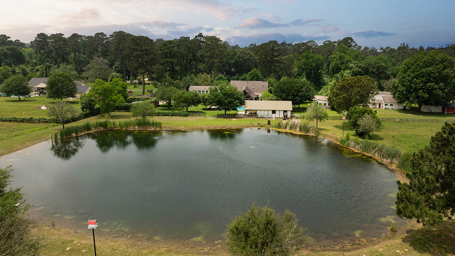 Aerial view of the pond with the stable and outbuildings
