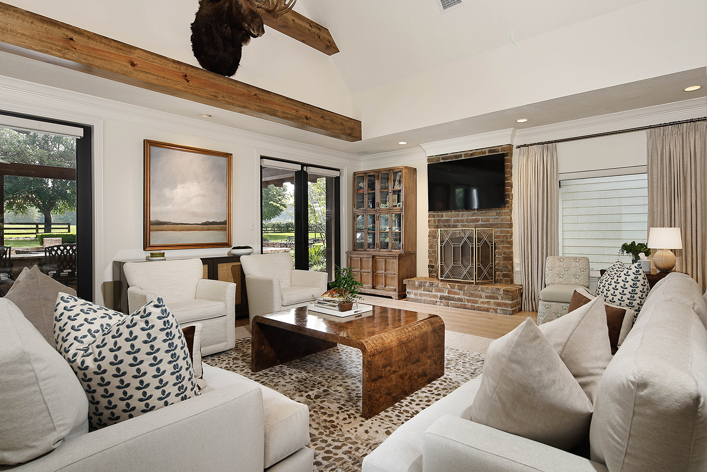 Family room fireplace with brick surround
