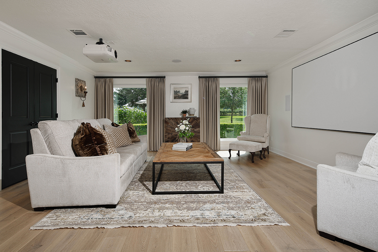 Media room with projector and drop-down screen