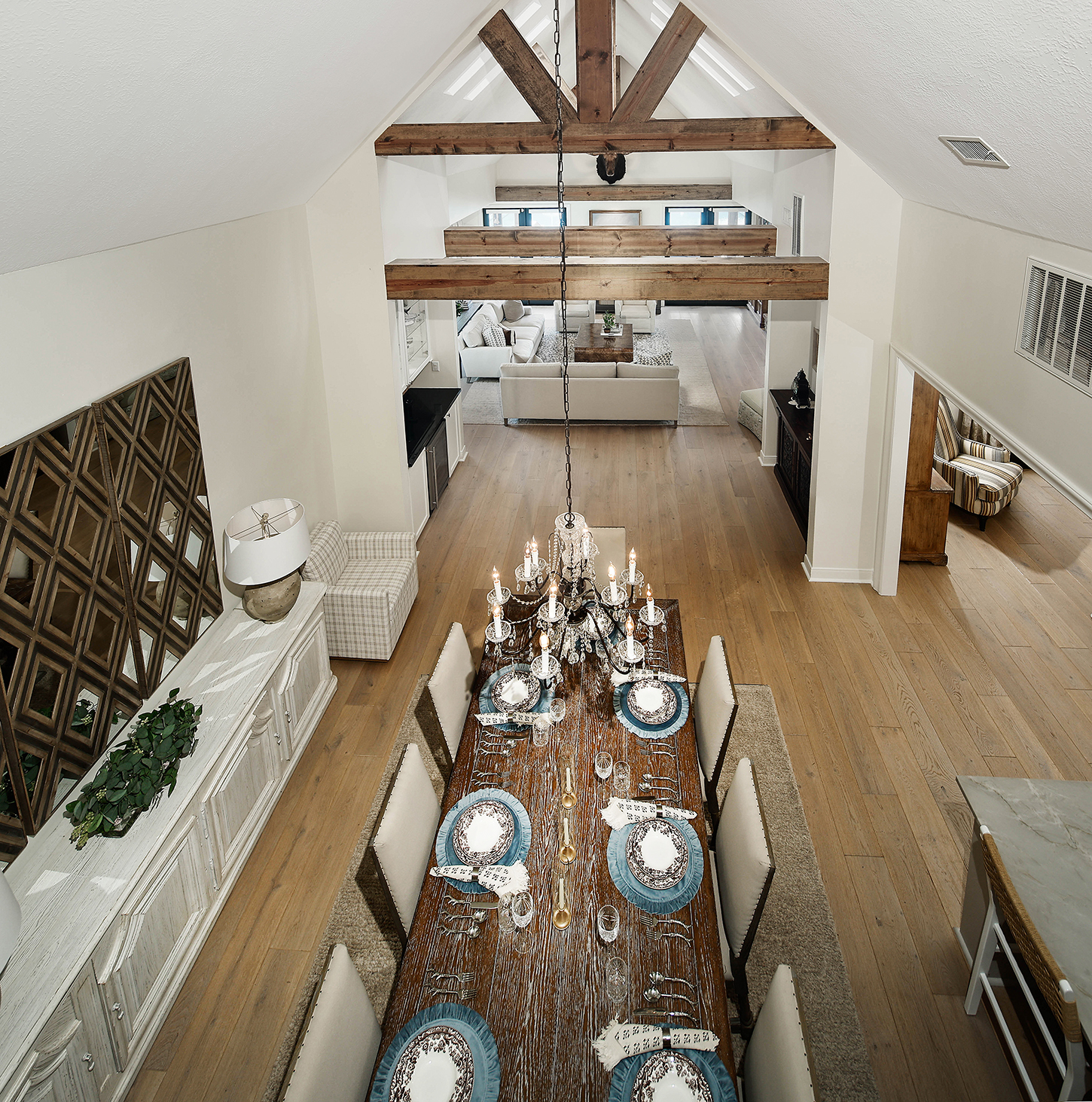 Upper-level overlook above the dining hall and living room